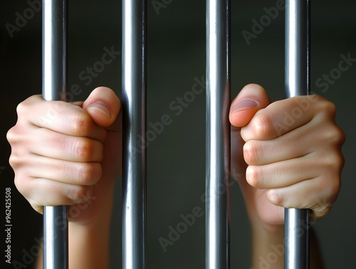 Two young female hands are shown grasping a set of metal bars in a jail cell. Woman grips metal bars. 