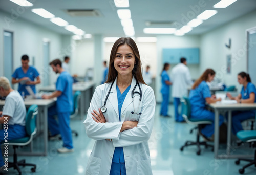 A confident young female doctor smiles with crossed arms in a busy hospital corridor, with healthcare professionals working around her.