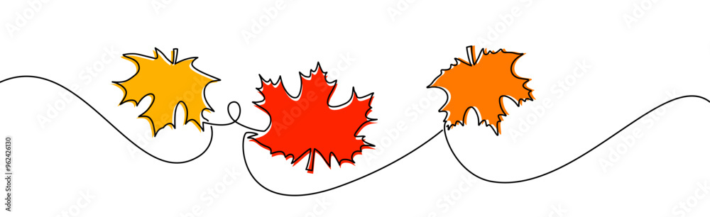 Vector illustration of three vibrant maple leaves connected by a flowing line, ideal for autumn-themed designs. Vector illustration of three vibrant maple leaves connected by a flowing line, ideal for autumn-themed designs.