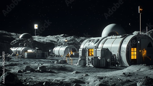 Futuristic lunar colony with multiple buildings on a desolate, cratered moon surface under a starry night sky.