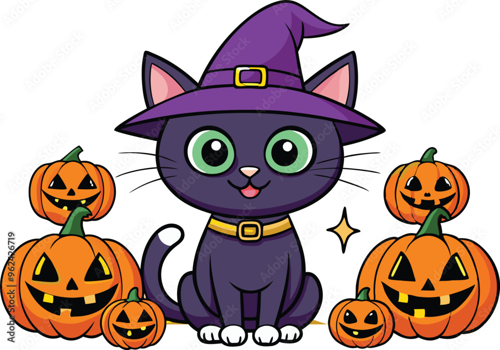 Black cat background with pumpkins and witch hat - Halloween Background illustration Black cat background with pumpkins and witch hat - Halloween Background illustration