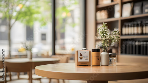 A space for displaying products on a round wooden table in a cozy contemporary coffee shop.