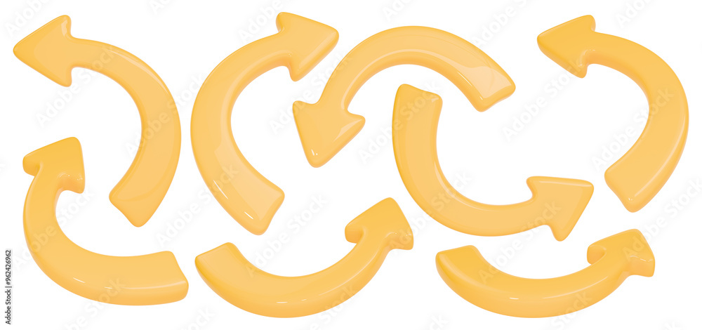 Glossy yellow cartoon bended arrows set. Direction pointer symbols. 3D rendering. Glossy yellow cartoon bended arrows set. Direction pointer symbols. 3D rendering.