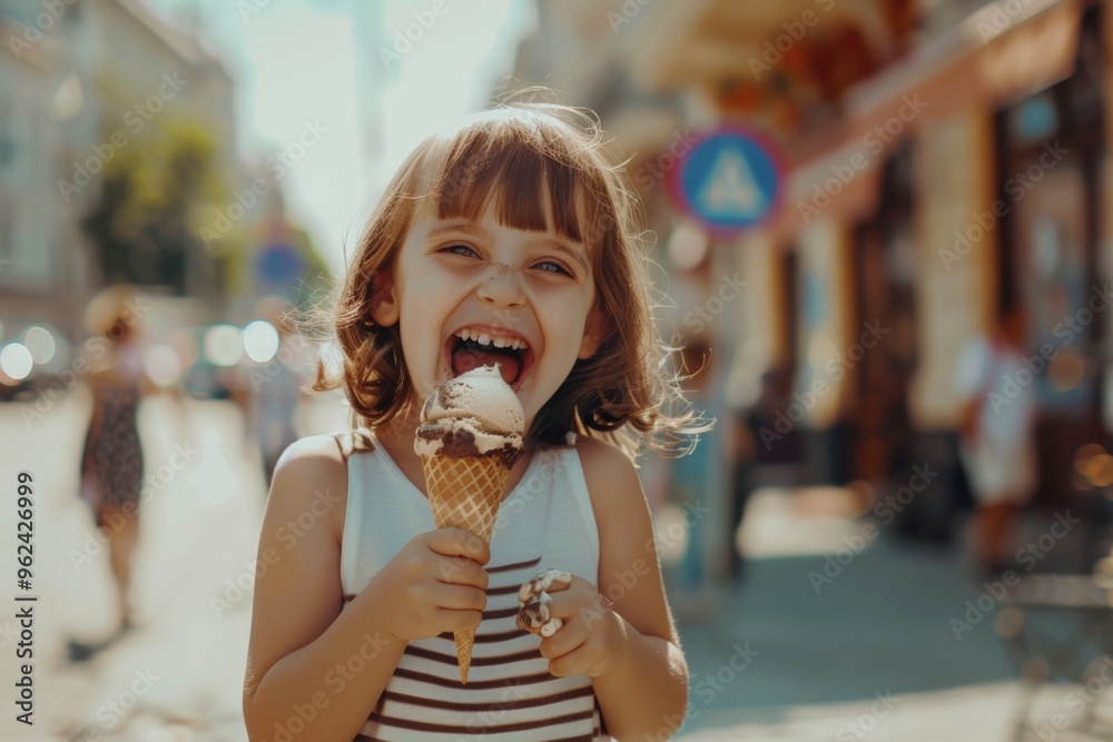 Happy moments of small girl short brown hair delightful outdoor scene. Joyful child nature demonstrating epitome of youthful innocence and happiness. Kid savors every bite of delicious ice cream. Happy moments of small girl short brown hair delightful outdoor scene. Joyful child nature demonstrating epitome of youthful innocence and happiness. Kid savors every bite of delicious ice cream.