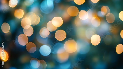 Abstract teal and golden bokeh background with blurry circles of light.