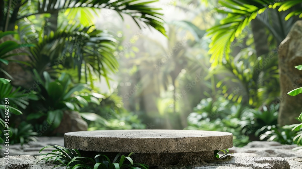 Stone podium in tropical garden with blurred banana leaf backdrop. Pedestal in jungle setting. Stone podium in tropical garden with blurred banana leaf backdrop. Pedestal in jungle setting.