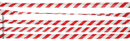 Isolated warning tape with red and white stripes. Stretched and twisted police ribbon set.