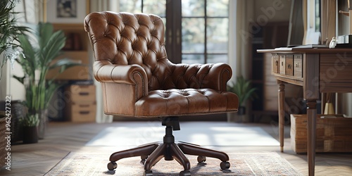 Brown leather office chair with a tufted back and a wooden base with wheels.