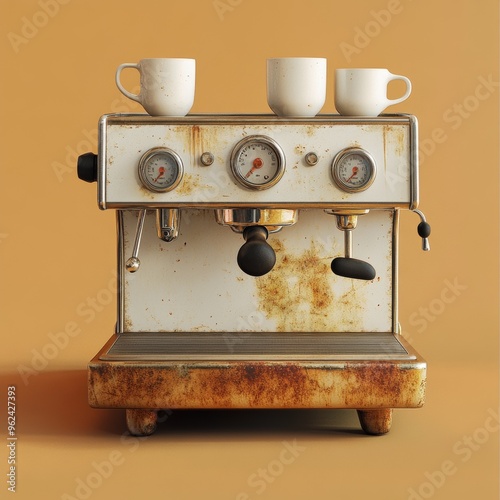 Retro espresso machine, textured metal surfaces, nostalgic atmosphere, 3D illustration photo