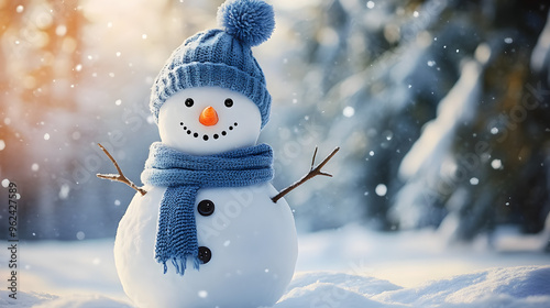 Cute snowman in a blue knitted bobble hat and scarf in a winter forest with copy space. photo