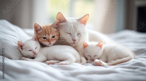 A Mother Cat and Her Kittens Napping on a White Bed photo