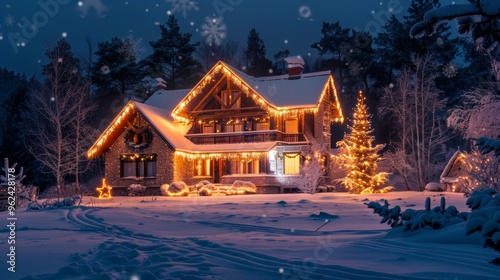 house decorated with Christmas lights, night view with snow