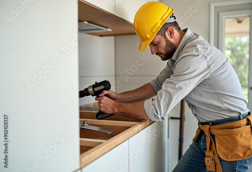 A contractor in a hardhat and tool belt uses a power drill to install kitchen cabinets, focusing on precision during a renovation.