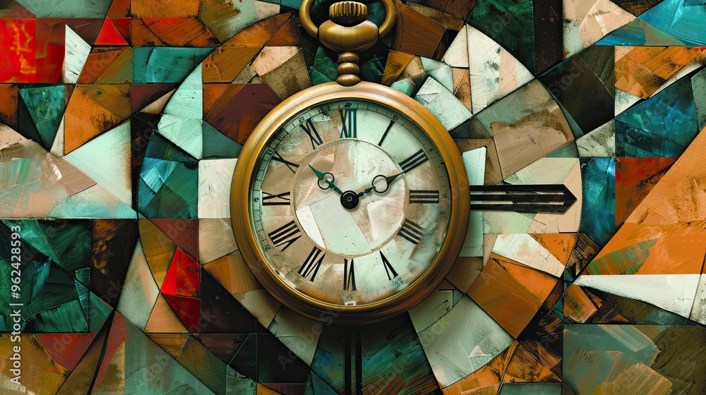 Fototapeta premium Geometric pocket watch fragmented into abstract forms in a Cubist-inspired background