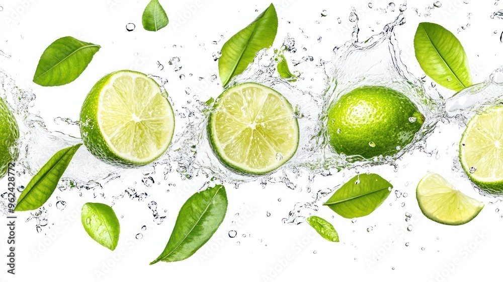 Limes and Leaves Splashing in Water Limes and Leaves Splashing in Water