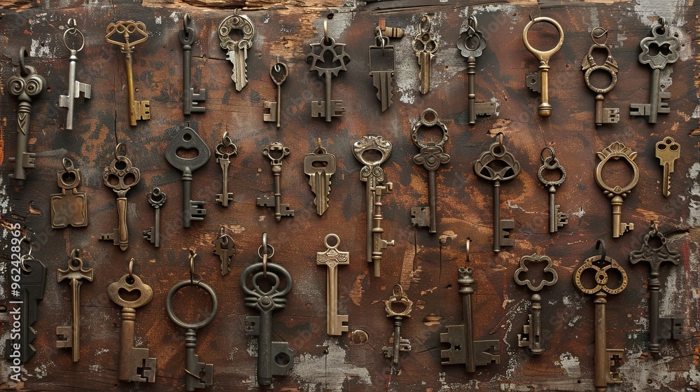 Absurd and chaotic key arrangement in this Dadaist backdrop on disjointed wooden surface Absurd and chaotic key arrangement in this Dadaist backdrop on disjointed wooden surface