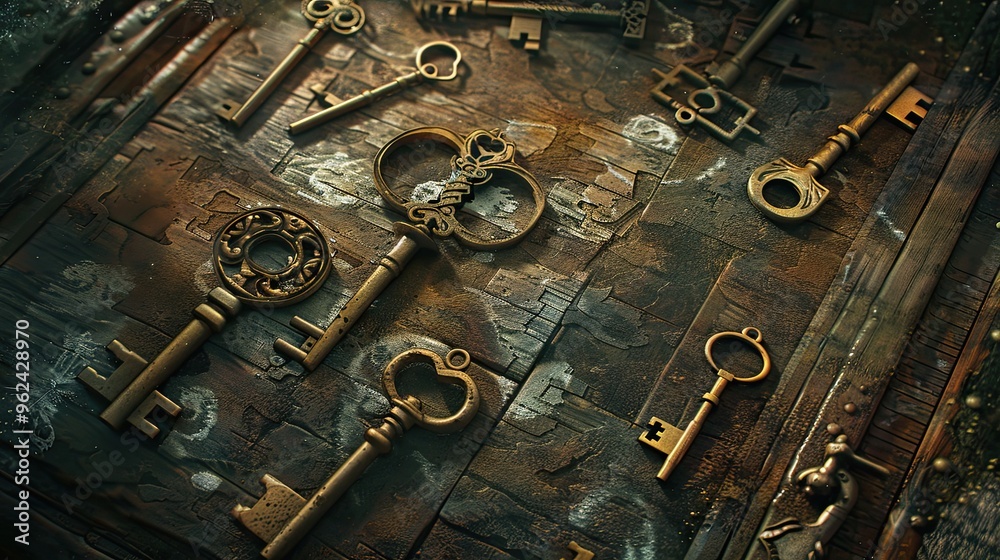Symbolic arrangement of antique keys on mystical backdrop evoking hidden meanings Symbolic arrangement of antique keys on mystical backdrop evoking hidden meanings