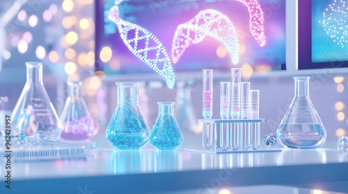 DNA Research Lab Equipment with Glass Flasks and Test Tubes