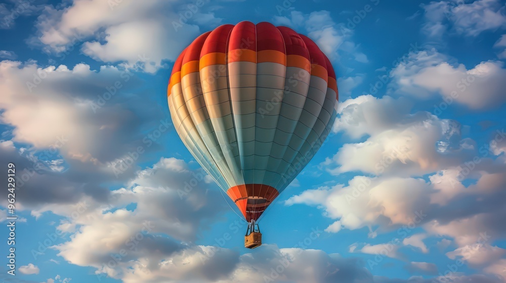Fototapeta premium A colorful hot air balloon floating in a blue sky with fluffy clouds.