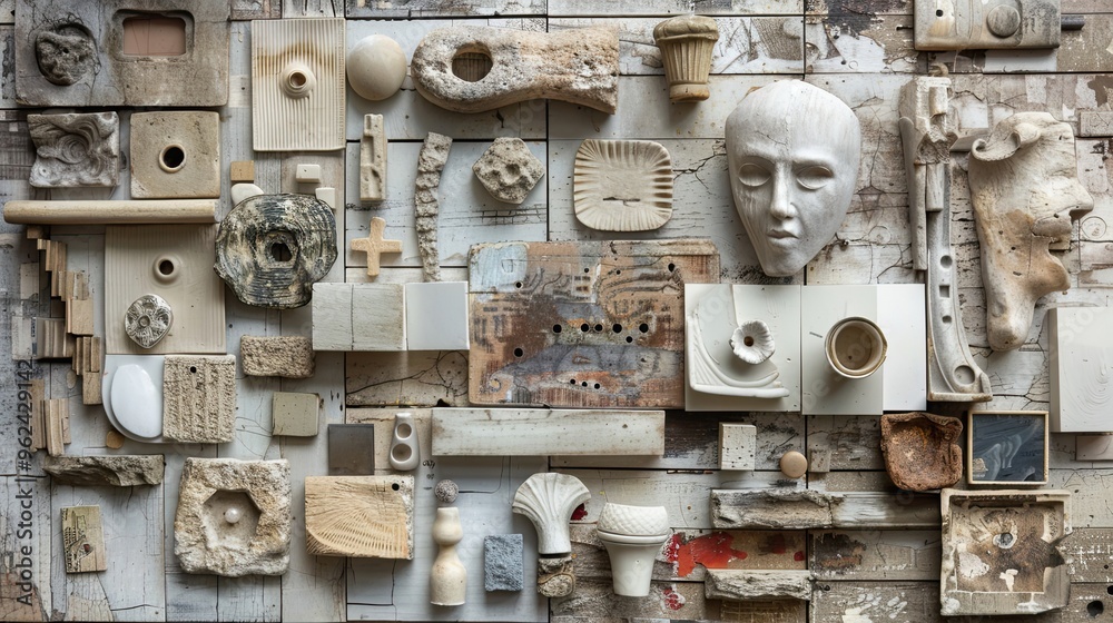 Dadaist wallpaper with chaotic arrangement of ceramic pieces defying conventional aesthetics Dadaist wallpaper with chaotic arrangement of ceramic pieces defying conventional aesthetics