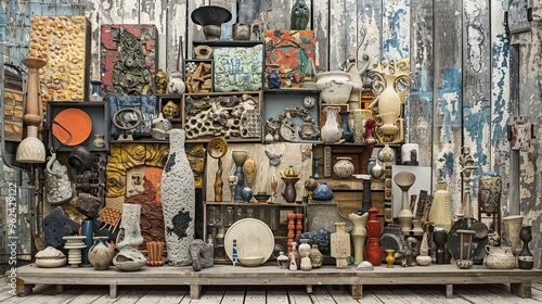 Ceramics arranged chaotically on fragmented wood surface in Dadaist wallpaper background