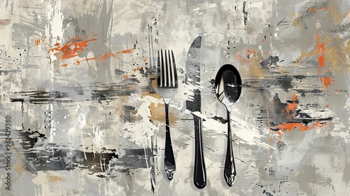 Silverware on a textured canvas with dynamic Abstract Expressionist brushstrokes