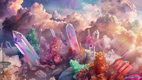 Floating gemstones in a surreal background with soft abstract clouds and diffused light photo