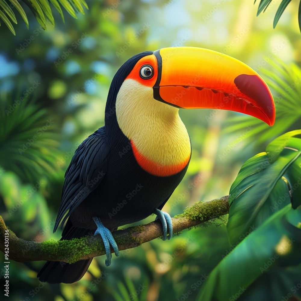 Obraz premium Colorful toucan, bright beak, sitting on tropical tree branch, 3D illustration