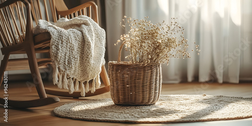 Wicker basket with dried flowers next to a rocking chair on the floor Creating a cozy autumn inspired hygge atmosphere in the living room Featuring Scandinavian interior style and a comforta photo