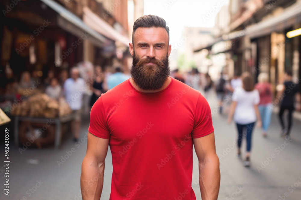 Close-up of a man dressed in red for AIDS awareness. Close-up of a man dressed in red for AIDS awareness.