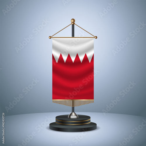 Bahrain Vertical table flag with golden pole  on dark  gradient background