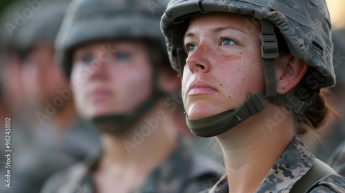 A group of soldiers in uniform, focused and attentive during a ceremony or training.