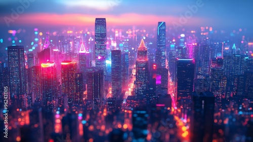 Cityscape with neon lights and a sunset sky.