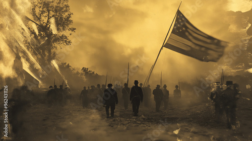 American civil war soldiers marching into battle under flag