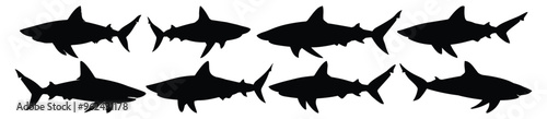 Shark silhouettes set, ocean pack of vector silhouette design, isolated background