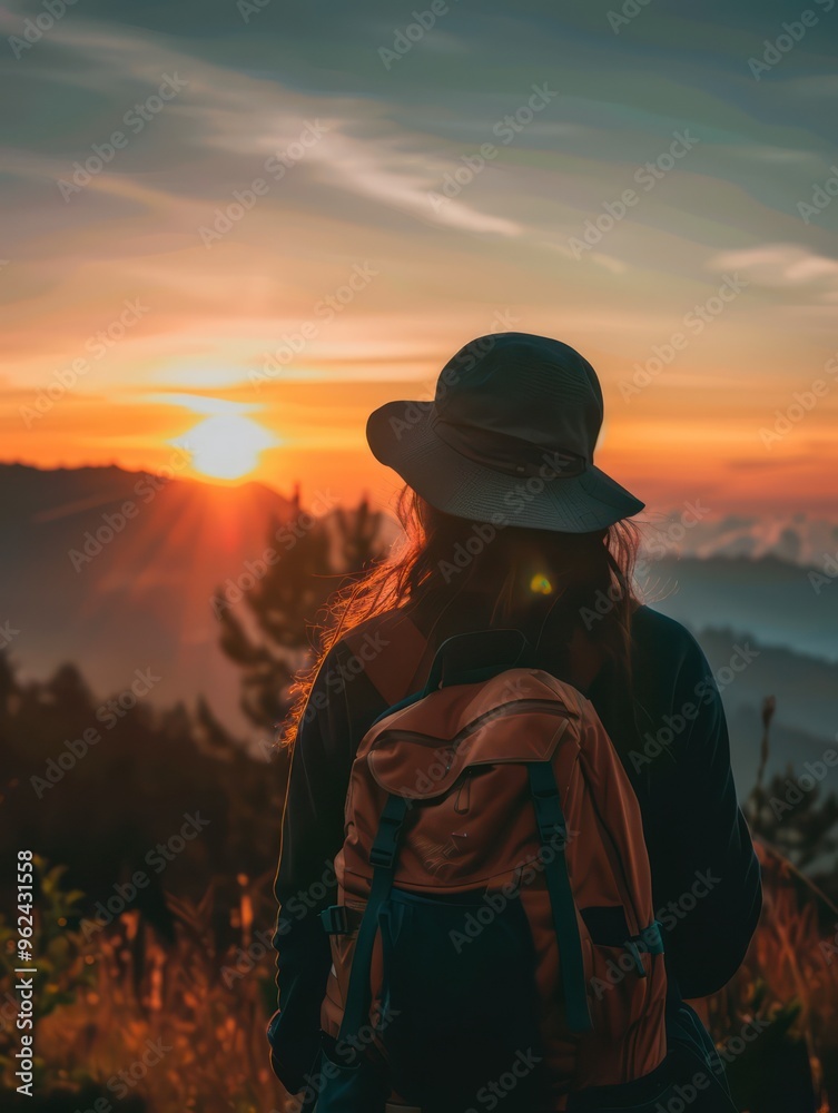 A traveler watching a sunset, surrounded by nature with a backpack. A traveler watching a sunset, surrounded by nature with a backpack.