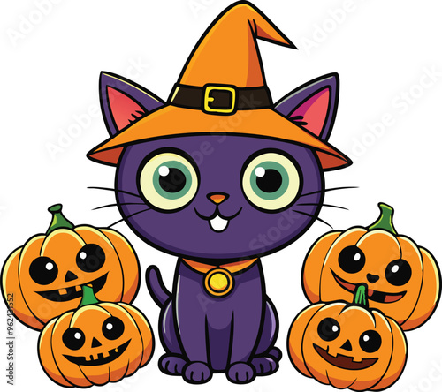 Black cat background with pumpkins and witch hat - Halloween Background illustration 