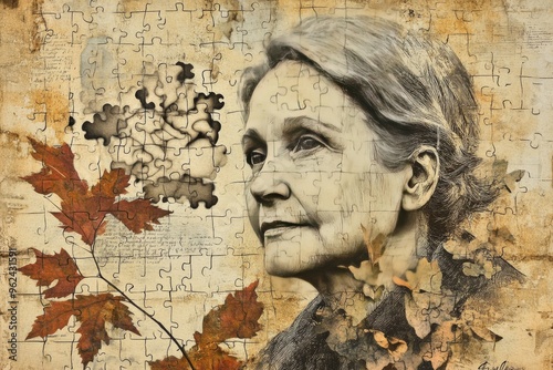 Wallpaper Mural Cognitive brain grid Brain neurons Vintage portrait of an elderly woman with a puzzle piece brain symbolizing memory wisdom and the intricate nature of thought in an aged detailed composition Torontodigital.ca