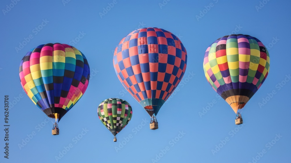 A vibrant display of colorful hot air balloons soaring against a clear blue sky. A vibrant display of colorful hot air balloons soaring against a clear blue sky.