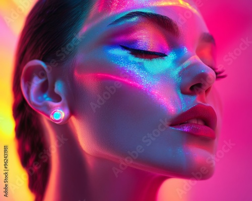 A futuristic beauty shoot featuring a female model with translucent skin, cyber-chic fashion, and floating holographic jewelry. Vibrant light effects and smooth metallic backdrop