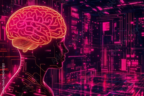 Mental circuits Neural circuits Futuristic neon brain in a human profile symbolizing the digitalization of thought technology driven intellect and the future of human cognition photo