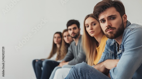 A group of young people sit together in a row, the man in front looking directly at the camera, with a serious expression.