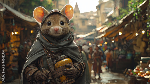 mouse beastfolk scout in a medieval market holding supplies while blending into a busy crowd of townsfolk