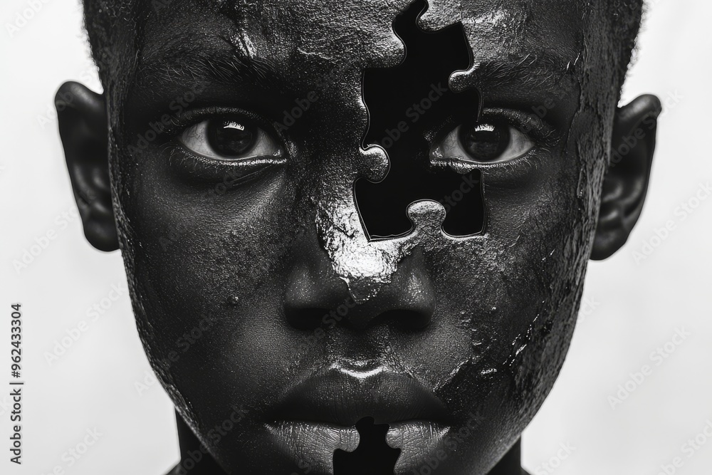 Intellectual cortex Neural circuits Black and white portrait of a male face with puzzle elements representing the fragmentation of identity challenges and self reflection in a high contrast style Intellectual cortex Neural circuits Black and white portrait of a male face with puzzle elements representing the fragmentation of identity challenges and self reflection in a high contrast style