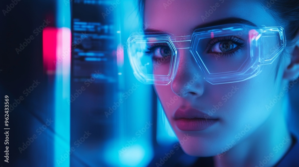 Close-up of a futuristic woman using a transparent holographic computer, looking directly at the camera. Sleek office setting with neon highlights, wide-angle view, and copy space on the right Close-up of a futuristic woman using a transparent holographic computer, looking directly at the camera. Sleek office setting with neon highlights, wide-angle view, and copy space on the right