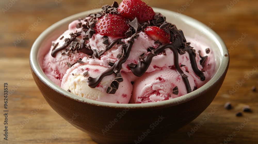 A bowl of strawberry ice cream topped with chocolate sauce, chocolate shavings and fresh strawberries. A bowl of strawberry ice cream topped with chocolate sauce, chocolate shavings and fresh strawberries.