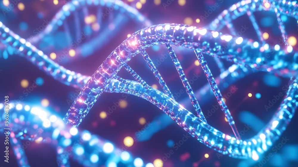 Obraz premium Glowing Blue DNA Helix Science Abstract Background