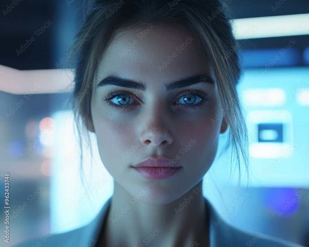 Close-up shot of a woman in a futuristic office, using a sleek digital screen, locking eyes with the camera. High-tech details with wide-angle framing and copy space on the right Close-up shot of a woman in a futuristic office, using a sleek digital screen, locking eyes with the camera. High-tech details with wide-angle framing and copy space on the right