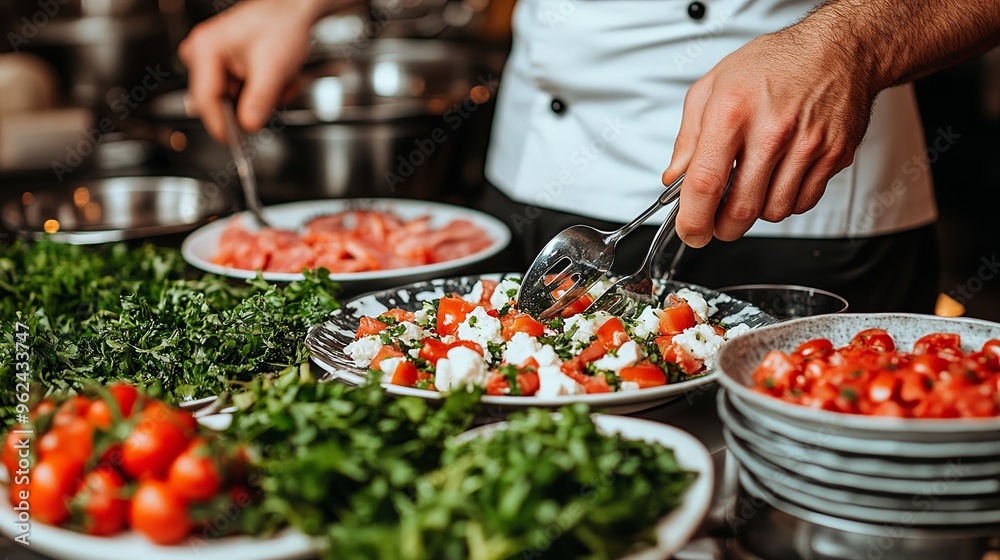 Chef preparing fresh salads with colorful ingredients in a bustling restaurant kitchen during a dinner service. Generative AI Chef preparing fresh salads with colorful ingredients in a bustling restaurant kitchen during a dinner service. Generative AI