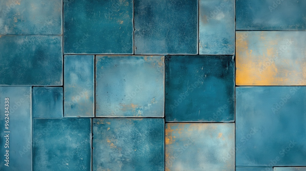 Geometric blue pattern with textured tiles, abstract design for background use Geometric blue pattern with textured tiles, abstract design for background use
